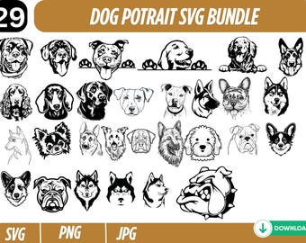 犬種 SVG PNG バンドル: 遊び心のある犬の顔のクリップアート (デジタルダウンロード)