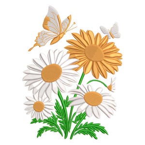 Daisy Flowers Embroidery Butterfly Embroidery Design Floral Embroidery Pattern for Embroidery Machine