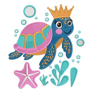 Adorable Princess Sea Turtle Embroidery Design – Cute Turtle Embroidery Pattern – Sea Turtle Embroidery File for Embroidery Machine