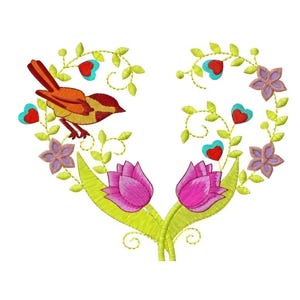Floral Bird Embroidery Design: Romantic Heart Motif (5x5, 7x6, 8x7 Hoop)