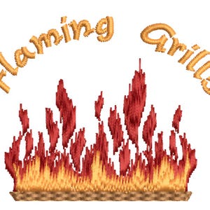 May include: Embroidered design featuring the words "Flaming Grills" in gold thread above a stylized flame. The flames are red and yellow, with a textured appearance, suggesting a barbecue or grilling theme.