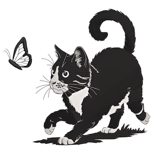 Playful Cat and Butterfly Embroidery Design – Cute Cat and Butterfly Embroidery Pattern – Cat Embroidery File – Butterfly Embroidery Art