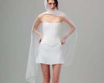 Strapless Corset Mini Wedding Dress, Silk Satin Short Bridal Gown, Sheer Scarf After Party