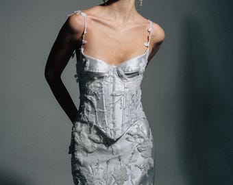 Midi Wedding Dress, Column Corset, Lace Appliqué Straps, Civil Ceremony Gown