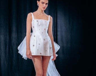 Corset Bridal Mini with Crystal Detail | Square Neck Civil Ceremony & Reception Outfit