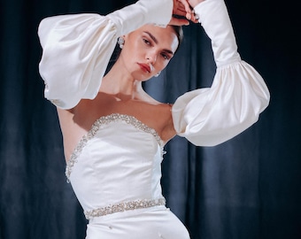 Midi Wedding Dress with Detachable Sleeves, Satin Corset Bridal Gown, Civil Ceremony Outfit