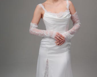 Draped Corset Silk Satin Wedding Dress, Lace Strap Bridal Gown, Lace Gloves Parisian Bride