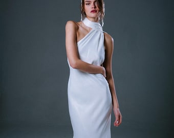 One Shoulder Silk Satin Wedding Dress, Open Back Bridal Gown, Pearl Strap Minimalist