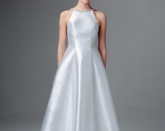 Halter Neck Wedding Dress Mikado Midi Bridal Gown Open Back Reception Outfit