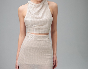 Engagement Dress, Beaded Two Piece Set, Bridal After Party Outfit, Nude Maxi Skirt, Rehearsal Dinner