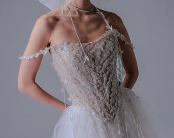 Lace Corset Wedding Dress, Strapless Boned Bodice, Tulle A Line Bridal Gown, Beaded Couture