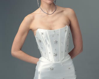 Crystal Embellished Corset Midi Bridal Dress with Lace-Up Back | Luxury Civil Wedding & Reception Dress