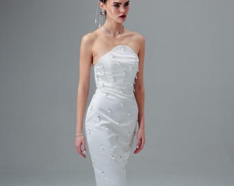 Strapless Silk Satin Midi Wedding Gown Pearl Bridal After Party Outfit