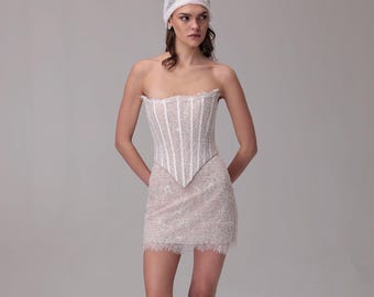 Mini Wedding Dress, French Lace Corset Bridal, Reception & Engagement Look, Modern Bride