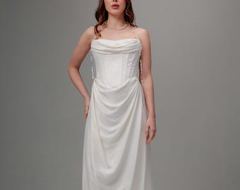 Draped Silk Satin Wedding Dress, Strapless Corset Bridal Gown, Minimalist Sculptural Bride