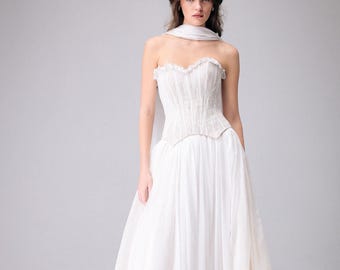 Beaded Chiffon Corset Wedding Dress with Gradient Train, Couture Bridal Gown, Custom Made