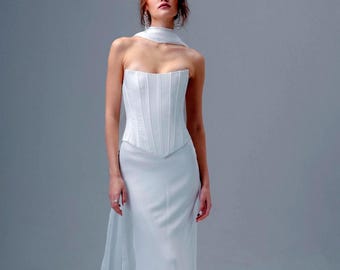 Strapless Silk Satin Wedding Dress, Corset Bridal Gown, Neck Scarf Minimalist Bride