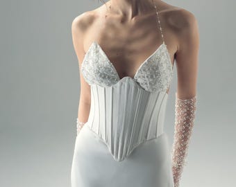Silk Satin Mini Wedding Dress, Detachable Corset Bridal Outfit, Crystal After Party Look