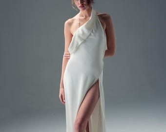 One Shoulder Silk Satin Wedding Dress, Pearl Slit Bridal Gown, Minimalist Open Back