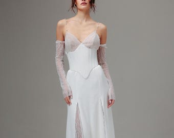 Convertible Silk Satin Wedding Dress, Detachable Corset Bridal Gown, Pearl Strap Lace Slit