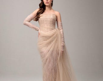 2-in-1 Lace Corset Wedding Dress, Detachable Train Bridal Gown, Nude Boho Tulle Outfit