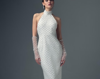 Beaded Halter Wedding Dress, High Neck Bridal, Open Back, Modern Bride
