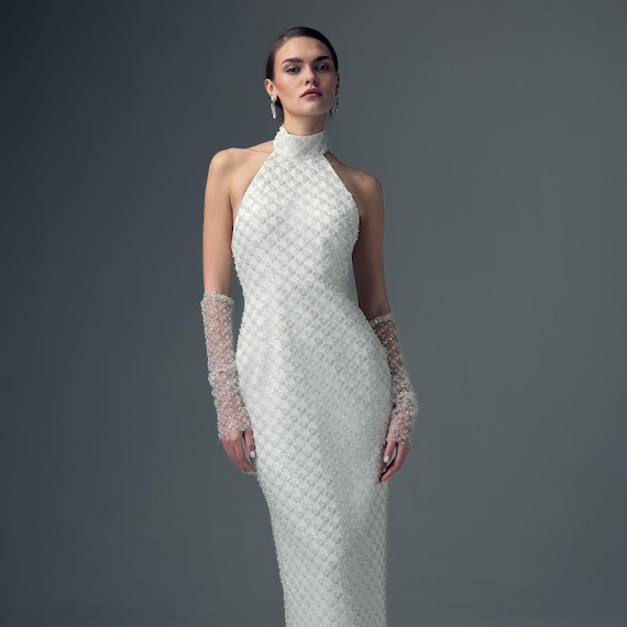 Beaded Halter Wedding Dress, High Neck Bridal, Open Back, Modern Bride