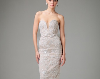 Strapless Lace Midi Wedding Gown Nude Corset Bridal Reception Outfit