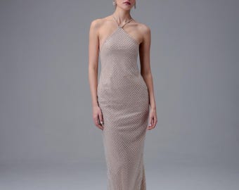Beaded Halter Midi Wedding Dress, Open Back Bridal Gown, Removable Tulle Cape After Party