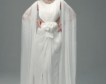 Draped Silk Chiffon Wedding Dress, Detachable Cape Bridal Gown, Cut Out Reception Outfit