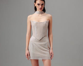 Strapless Corset Mini Dress, Beaded Tulle After Party Outfit, Nude Bridal Lace-Up Look
