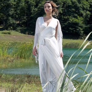 Handmade Silk Satin Wrap Wedding Dress: Bohemian Lace Sleeves