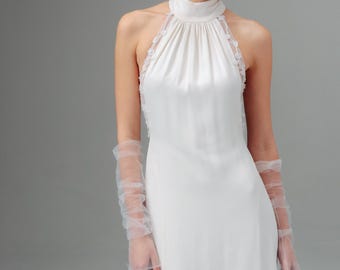 High Neck Silk Satin Wedding Dress, Lace Open Back Bridal Gown, Minimalist Halter