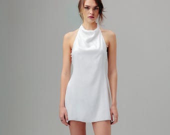 Cowl Neck Satin Mini Wedding Dress, Pearl Open Back, After Party Bridal Gown