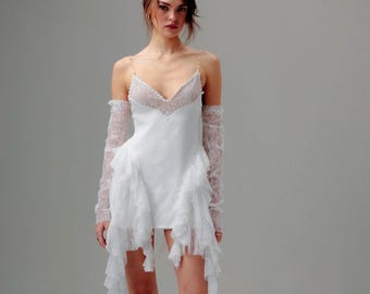 Satin Mini Wedding Dress, French Lace Bust Bridal Gown, Pearl Strap After Party Dress