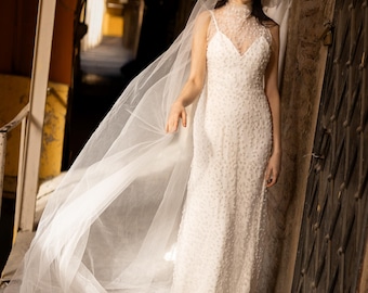 High Neck Wedding Gown Sheer Back Bridal Dress Embroidered Tulle Maxi Gown