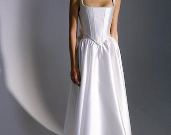 Midi Wedding Dress, Satin Square Neck Corset, Tea Length Bridal Gown, Civil Ceremony