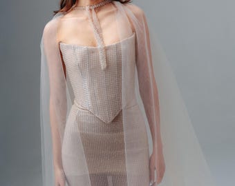 Strapless Corset Wedding Dress, Beaded Tulle Gown with Sheer Cape, Nude After Party