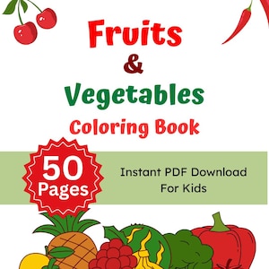 50 Fruits & Vegetables Coloring Pages For Kids | Printable Toddlers Preschoolers Coloring Book | Simple Coloring Pages, Educational Crafts
