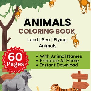 60 Animals Coloring Pages with Names Land, Sea and Flying Animals Printable Coloring Book for Kids Toddlers and Preschoolers