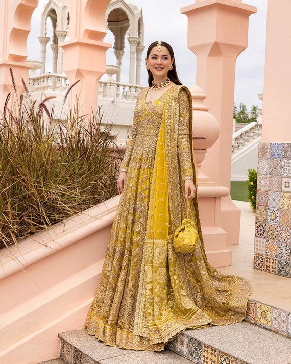 Yellow Long Pakistani Designer Handmade Work Maxi | Long Frock | Lehanga  Choli | Mehandi Dress | Wedding Dress | Eastern Dress | Indian Dres - Etsy