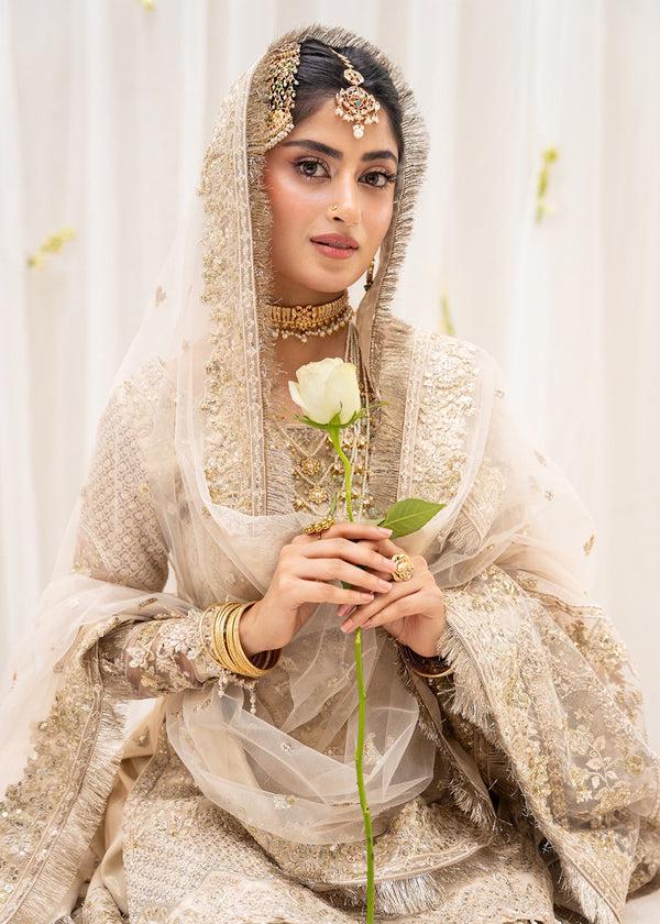 beige nikkah dress Ivory Net Nikka Dress, Pakistani Wedding Outfit, Embroidered Bridal Gown