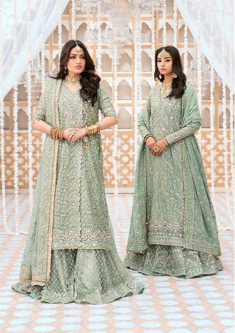 green emerald velvet dress Beutifull wedding party dress In light pistachio green and baby pink c –  Nameera by Farooq