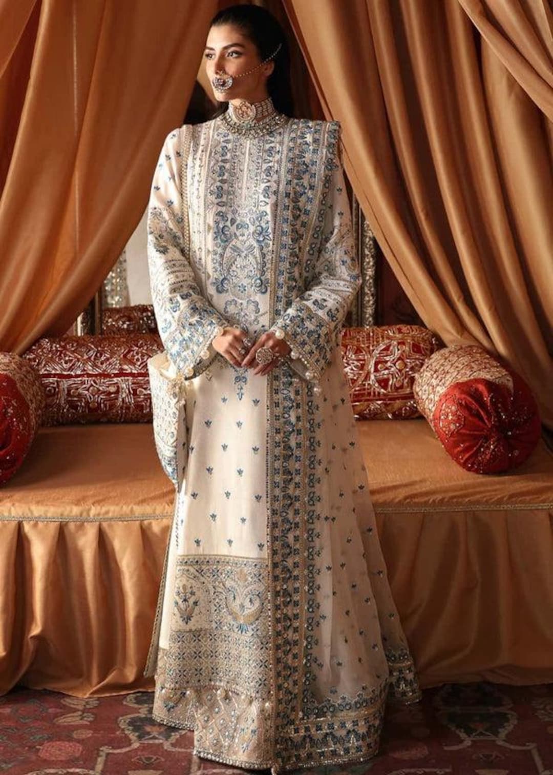 white silk dress pakistani White Silk Pakistani Shalwar Kameez | Hand-embroidered Designer Suit