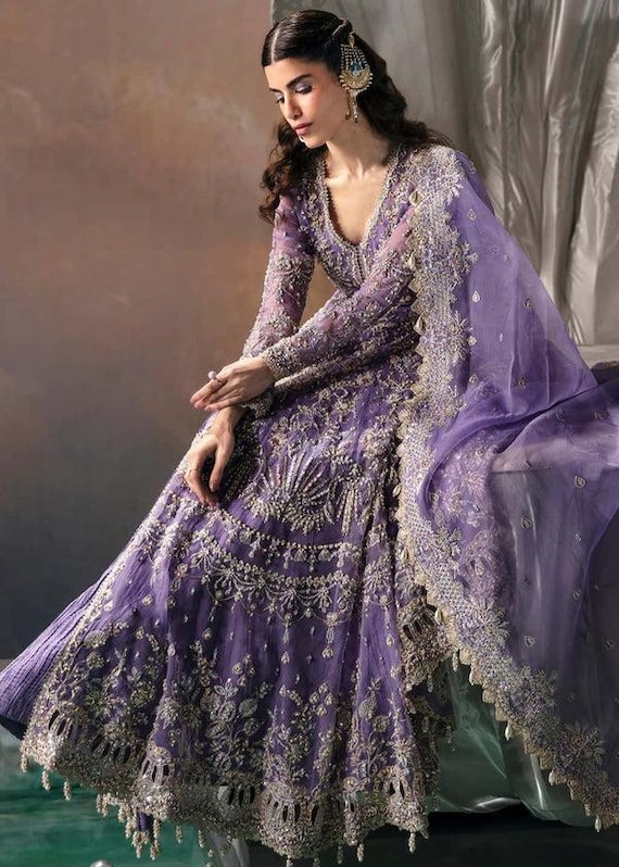 purple dresses for weddings pakistani Lilac Pakistani Designer Handmade Branded Dres | Lilac Long Pishwas | Lilac  Long Frock | Paksitani Dress | Indian Long Frock | Wedding Suit