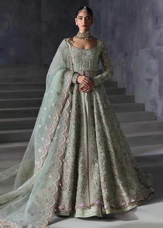 Mint Green Organza Bridal Gown | Embroidered Pakistani Dress