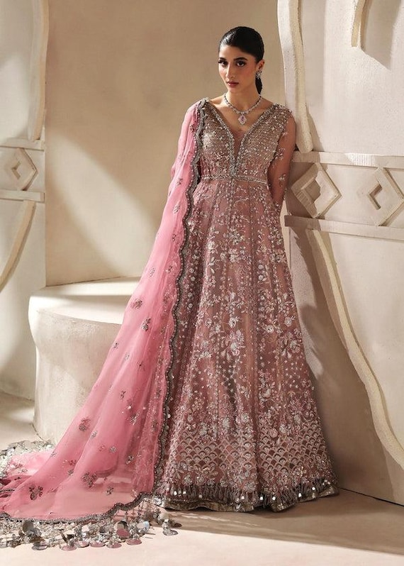 Peach Pink Bridal Pishwas Dress, Embroidered Organza Lehenga