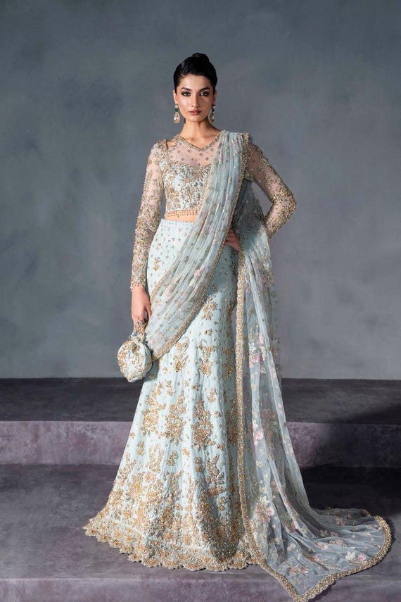 pastel blue indian dress Sky Blue Embroidered Lehenga Choli: Indian Wedding Dress, Party Outfit Eid