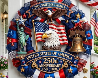 Personalized America 250th Anniversary Wood Wreath 1776-2026 Patriotic Door Sign Semiquincentennial Family Name Decor