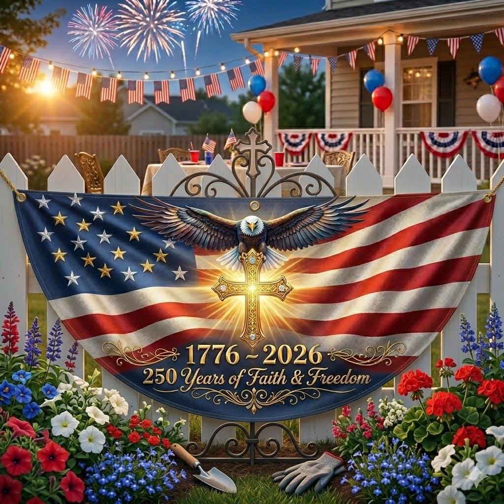 Discover 4th of July Fence Flag 250 Years Patriotic Banner Elegant USA Porch Decor